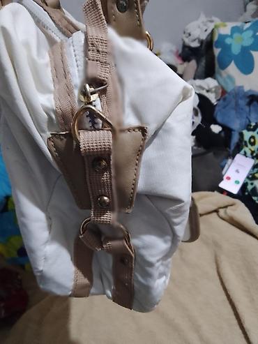 torbe sa stampom: Ženska torba – platno/tekstil, bela sa bež detaljima - Materijal — 4