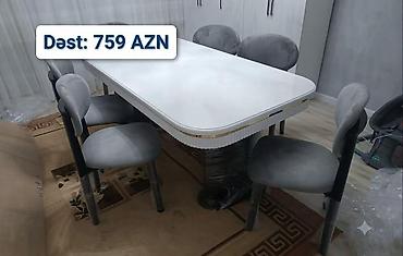 duz otagi bakida: Ağ rəngli yemək masası və 6 stuldan ibarət dəst. - Masa: parlaq ağ üst — 1