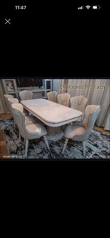 Yemək otağı dəsti – masa + 6 ədəd stul - Rəng: açıq bej/krem tonları