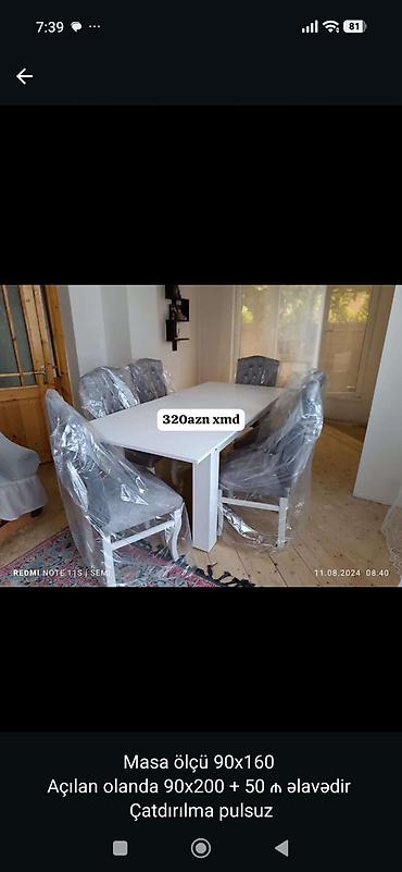 Açılan yemək masası və 4 ədəd stul dəsti - Masa ölçüsü: 90 × 160 sm -