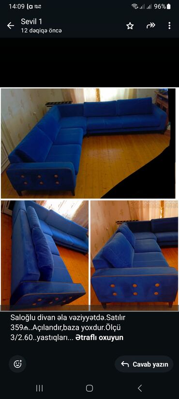 Kreslolar: Saloğlu divan əla vəziyyətdə.Satılır 359₼. Açılandır,baza yoxdur.Ölçü
