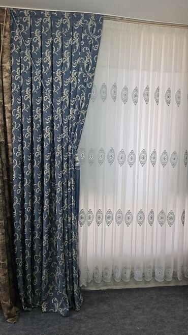 Pərdə və tüllər: Zərif mavi rəngli, damarlı dizaynlı pərdə. Yüksək keyfiyyətli — 5