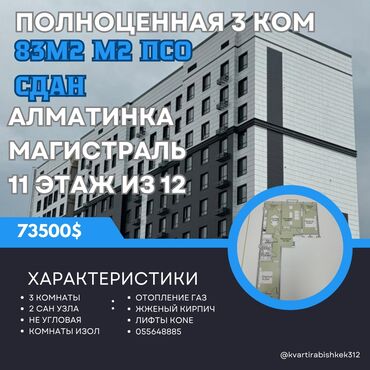 горах: 3 комнаты, 83 м², Элитка, 11 этаж, ПСО (под самоотделку)