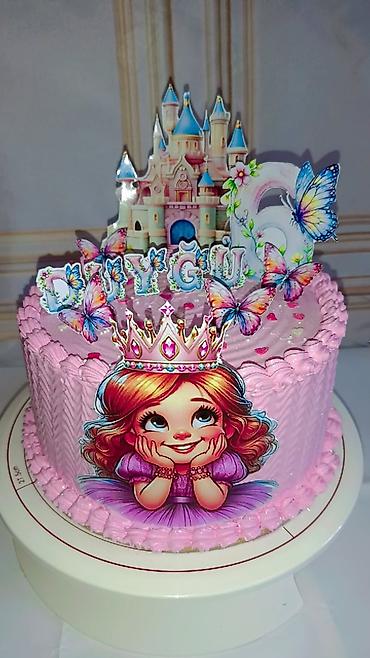 Qida məhsulları: Uşaq üçün tematik tort – “Princess” dizaynı - Rəng: pastel çəhrayı - — 2