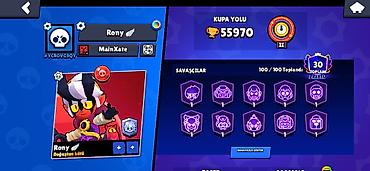 lada oluxana: Brawl Stars oyun hesabı - Kupa yolu: 55 970 - Rütbə: II (ekranda — 1