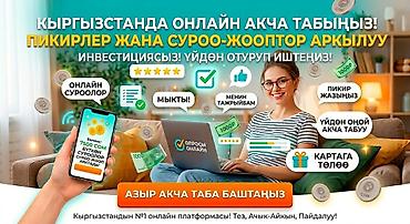 Кыргызстанда онлайн жумуш: Сурамжылоо жана пикирлер аркылуу акча тап! at lalafo.kg Кыргызстанда онлайн жумуш: Сурамжылоо жана пикирлер аркылуу акча тап!