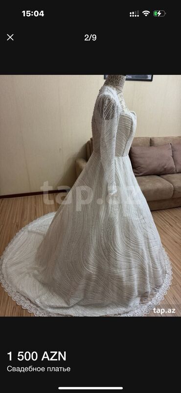 Toy paltarları: Zərif krujeva detalları və uzun ətəyi olan, ağ rəngli gəlinlik — 9