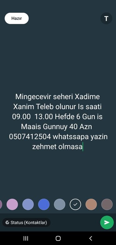 Mini: Xadimə tələb olunur, İstənilən yaş, 1-2 illik təcrübə, 1/1, Gündəlik ödəniş