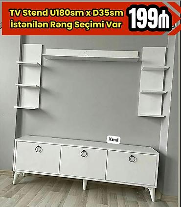 stullar ev ucun: TV stend dəsti – U180 sm x D35 sm • Minimalist dizaynlı, ağ rəngdə TV — 1