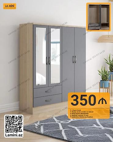 - Məhsul: 4 qapılı dolab - Ölçülər: Dərinlik 47 sm × Hündürlük 200