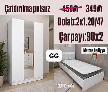 Ağ rəngdə yataq otağı dəsti. - Çarpayı: 90 x 200 sm ölçüdə tək