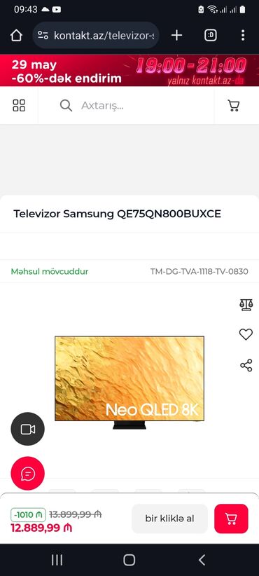 samsung televizor qiymetleri: Yeni Televizor Samsung NEO QLED 75" 8K (7680x4320), Pulsuz çatdırılma