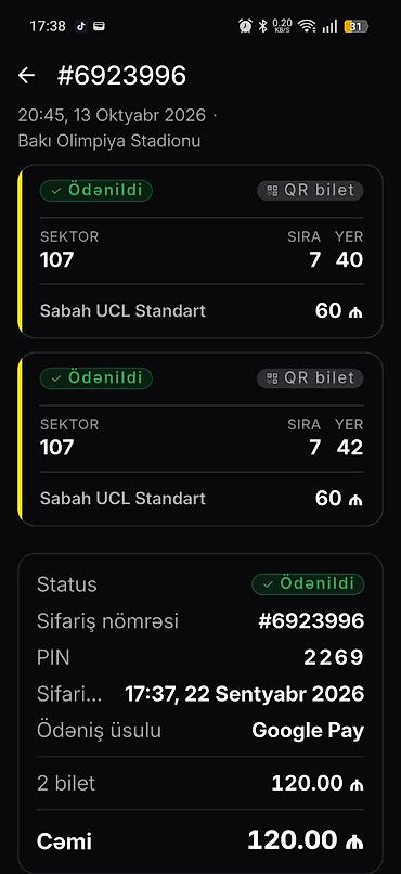 Спорт и отдых: Məhsul: Futbol oyunu üçün rəqəmsal (QR) biletlər Tədbir: Sabah UCL — 1