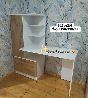 masaüstü ofis seti: Komple masa-dolap dəsti Xüsusiyyətlər: - Ölçü: 150/150/55 sm (şəkildə — 1