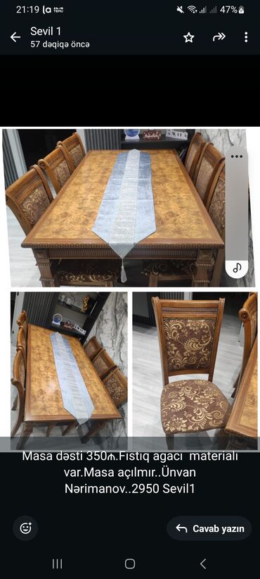 Mətbəx mebeli: Masa dəsti 350₼.Fıstıq agacı materialı var.Masa açılmır. Ünvan