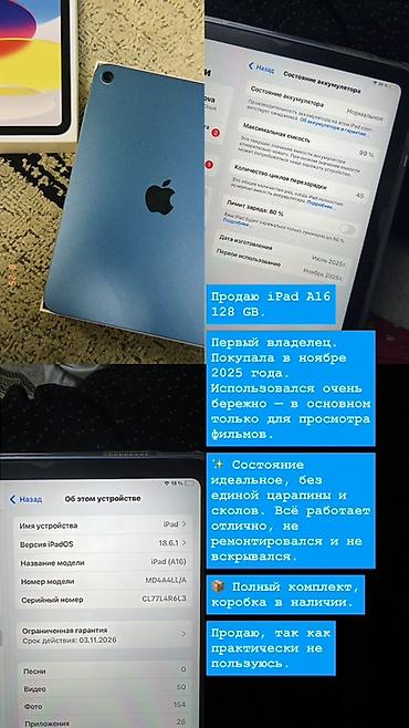 ipad mini a17 pro: IPad (A16), 128 ГБ, цвет синий. - Версия iPadOS: 18.6.1. - Модель — 1