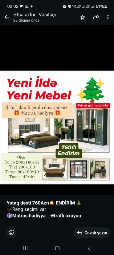 Masa və oturacaq dəstləri: *Yataq dəsti 760Azn💥 ENDİRİM* ✔️Rəng seçimi var *🎁Matras hədiyyə* ✔️