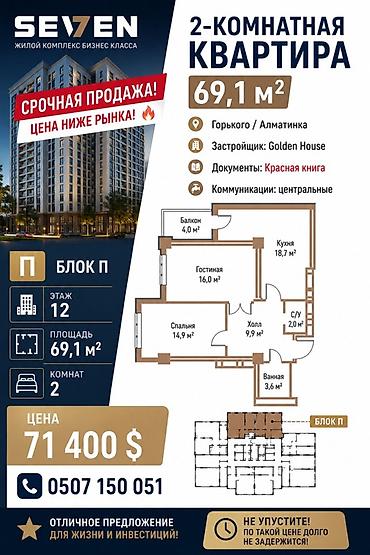 400: 2 комнаты, 69 м², ул. Алматинка / Чуй Элитка, 12 этаж, ПСО (под самоотделку) — 1