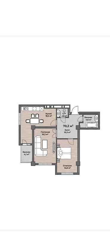 70: 2 комнаты, 70 м², 10 этаж, Евроремонт — 9