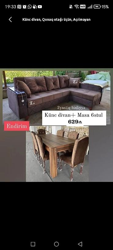 arkalar: Künc divan + Masa və 6 stul dəsti - Qonaq otağı üçün uyğun tam dəst — 1
