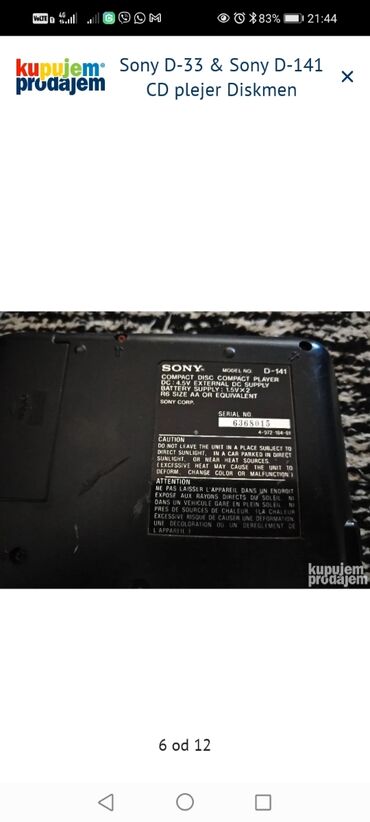 Mini disk plejeri: Sony Discman CD plejer – model D-141 (navedeno na poklopcu) - — 5