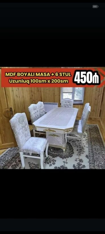 Masa və oturacaq dəstləri: Qonaq otağı üçün, Yeni, Açılmayan, Dördbucaq masa, 6 stul — 5