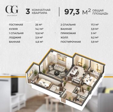 Продажа квартир: 3 комнаты, 97 м², Элитка, 3 этаж, ПСО (под самоотделку)