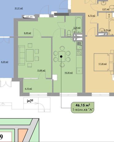 кут аэропорт: 1 комната, 46 м², Элитка, 1 этаж, ПСО (под самоотделку)
