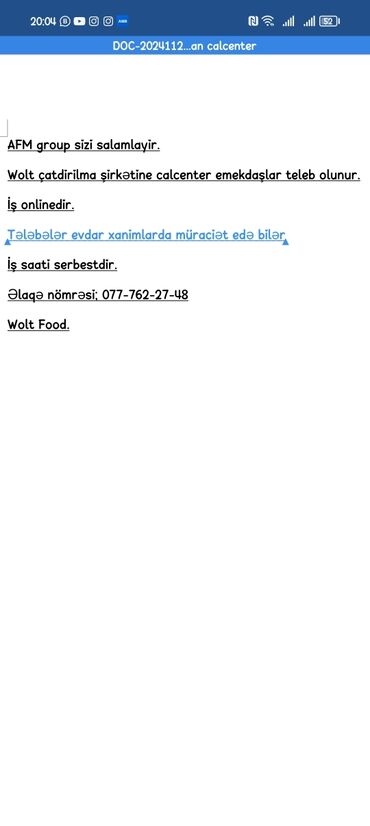 bineqedi is elanlari: AFM Group sizi salamlayir Wolt catdirilma şirkətinə CALCENTER