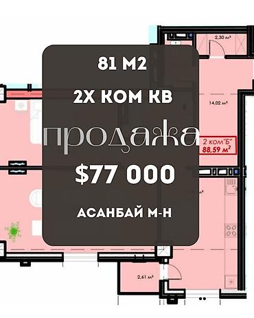 950: 2 комнаты, 81 м², Асанбай мкр Элитка, 2 этаж, ПСО (под самоотделку) — 1