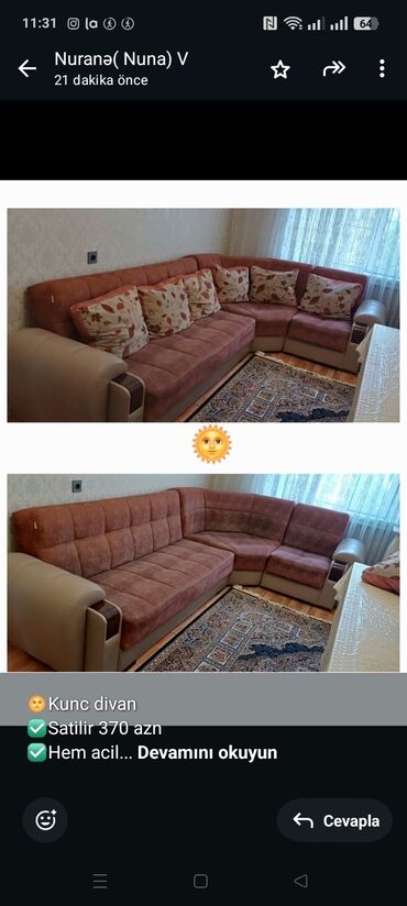 Mətbəx mebeli: 🌞Kunc divan ✅Satilir 370 azn ✅Hem acilir,hemde baza var. ✅Endirim