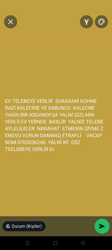 Günlük kirayə mənzillər: Suraxanı Köhnə Razı Qalecinə və Sabunçu Qalecinə yaxın yerdə, tək qız