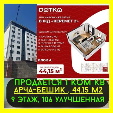 Продажа квартир: 1 комната, 44 м², 106 серия улучшенная, 9 этаж, ПСО (под самоотделку)