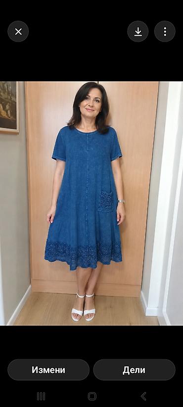 Plava midi haljina širokog A-kroja - Materijal: mekani teksas/denim