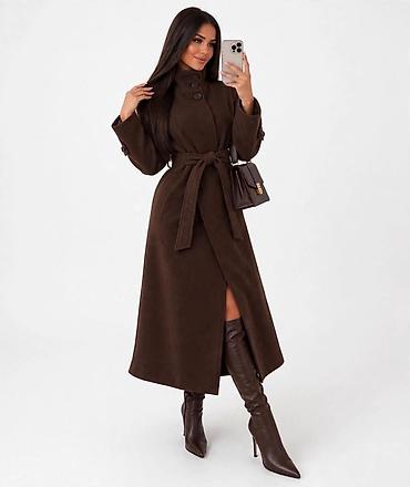 vumen sikret neseseri: Ženski elegantni kaput sa pojasom i visokim kragnom - Dužina: midi — 3