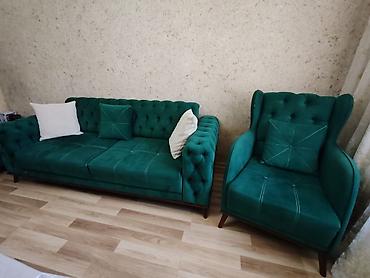 80 kub: Yumşaq mebel dəsti Tərkib: - 1 ədəd 3 nəfərlik divan (zümrüd-yaşıl — 1