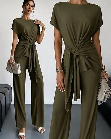helanke elastina: Damski dvodelni komplet – elegantna bluza i pantalone sa širokim — 2