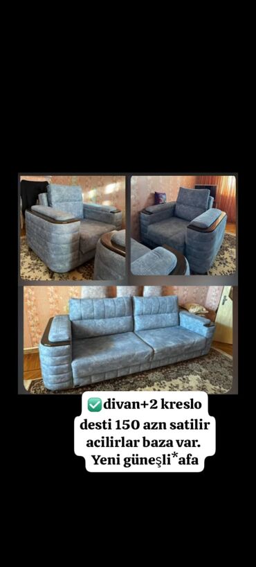 essek sudu satilir: ✅divan+2 kreslo desti 150 azn satilir acilirlar baza var. Yeni