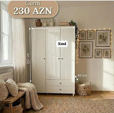 Ağ rəngli 3 qapılı dolab - Ölçülər: hündürlük 200 sm, en 120 sm