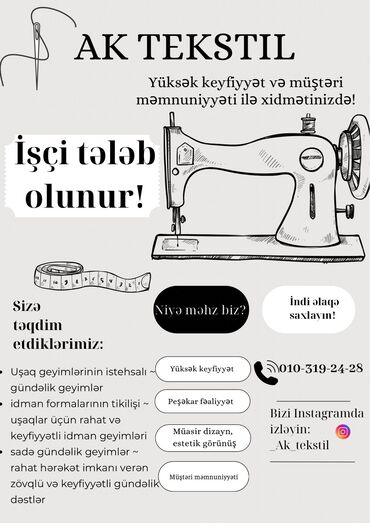 Gözəllik Salonları: Dərzi tələb olunur, 3-5 illik təcrübə, 1/1, 10 günlük ödəniş