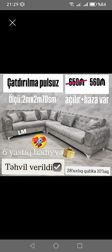 madeyra divanlar: Künc divan dəsti – boz rəng - Ölçü: 2 m x 2 m 70 sm - Açılır mexanizm — 1