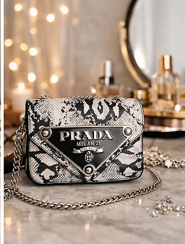 statement ogrlice: Prada Mini tašna sa zmijskim printom i metalnim detaljima - Model — 1