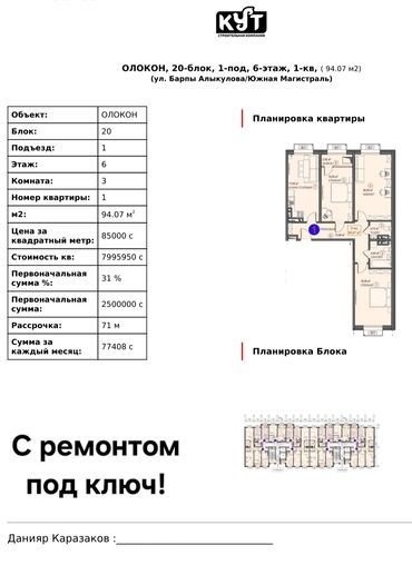 квартиры на расрочку: 3 комнаты, 87 м², Элитка, 6 этаж, Косметический ремонт