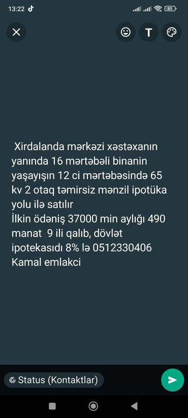 ilkin odenis 5000 azn evler: 2 otaqlı, Yeni tikili, 65 kv. m