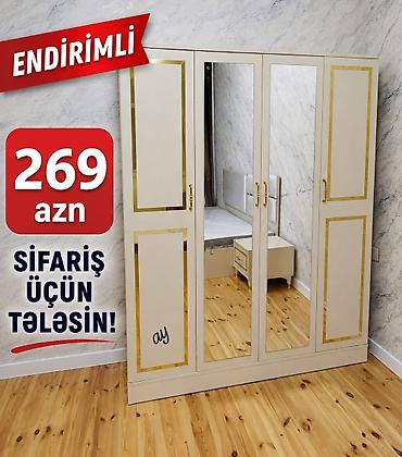 Paltar dolabları, qarderoblar: 4 qapılı paltar şkafı - Rəng: krem/bej tonları, qızılı dekor xətləri — 4