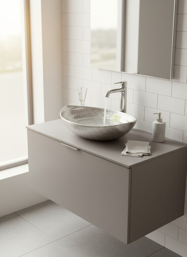 столешница из стекла: Раковина для ванной, Круглая форма, Материал: Керамика, Размер: 65 x 57 см