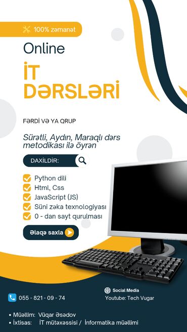 it kurslari qiymeti: Kompüter kursu, Programlaşdırma, Fərdi, Onlayn, Qrup