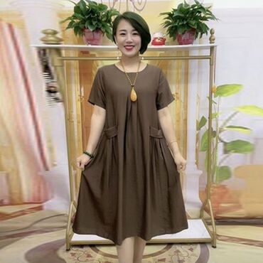 платье кыргыз: Повседневное платье, Корея, Хлопок, Прямое, 3XL (EU 46), 4XL (EU 48)