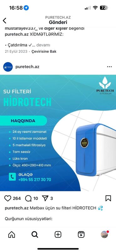 Su filtrləri: Puretech su filtrləri üçün kartriclər dəsti. Dəstdə 3 önləyici filtr — 5