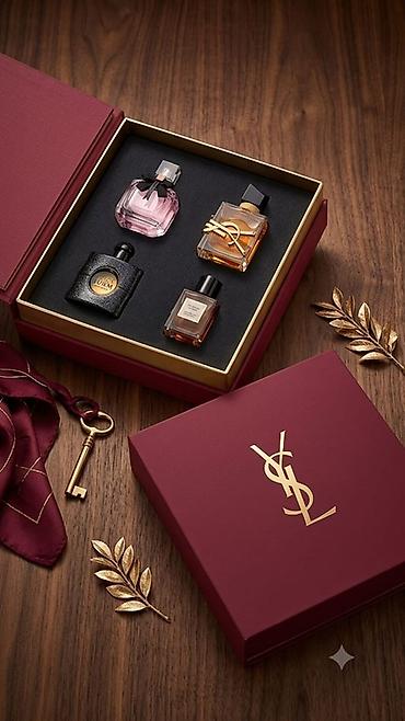 YSL hədiyyə dəsti – lüks qutu dizaynı (bordo rəng, qızılı loqo) və